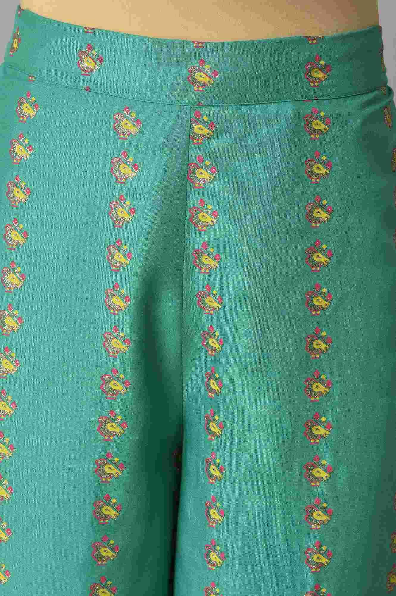 Green Embroidered Shantung kurta With Printed Parallel Pants And Dupatta - wforwoman