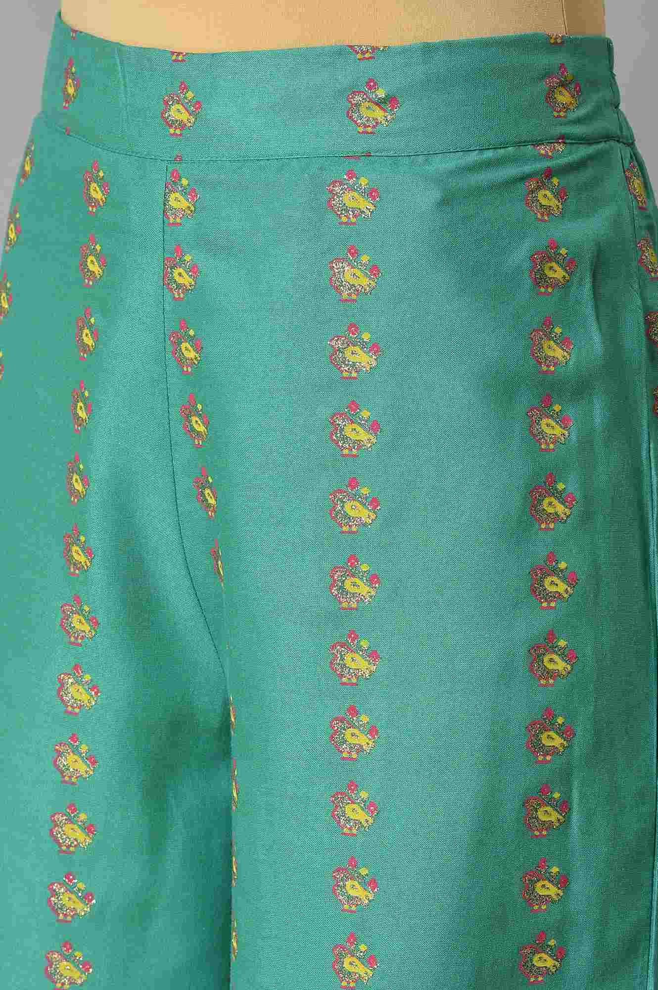 Green Embroidered Shantung kurta With Printed Parallel Pants And Dupatta - wforwoman