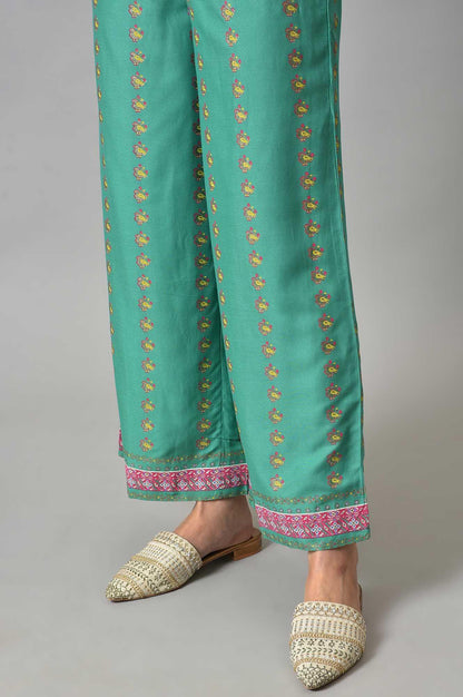 Green Embroidered Shantung kurta With Printed Parallel Pants And Dupatta - wforwoman