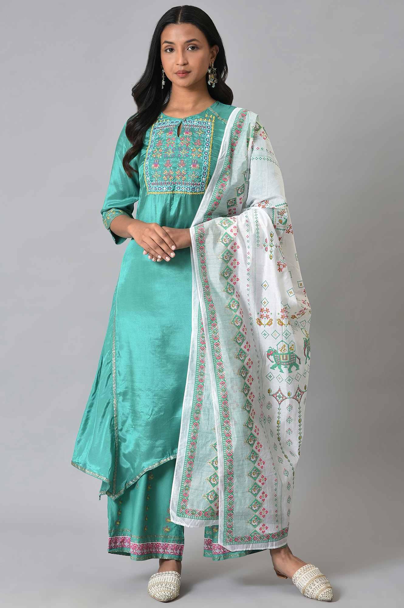 Green Embroidered kurta With Parallel Pants And Ecru Printed Dupatta - wforwoman