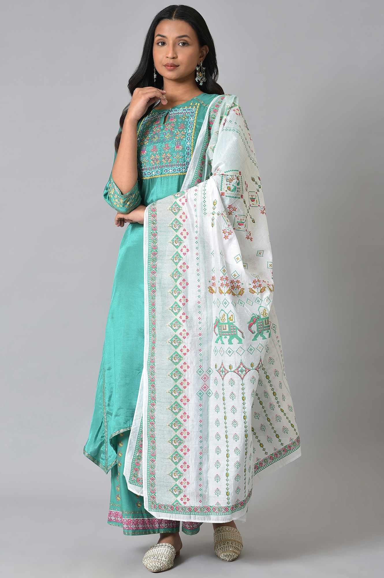 Green Embroidered kurta With Parallel Pants And Ecru Printed Dupatta - wforwoman