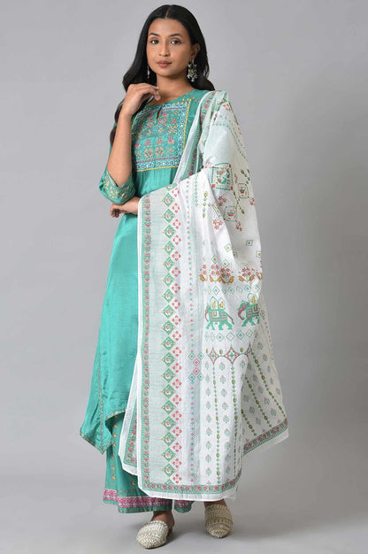 Green Embroidered kurta With Parallel Pants And Ecru Printed Dupatta - wforwoman