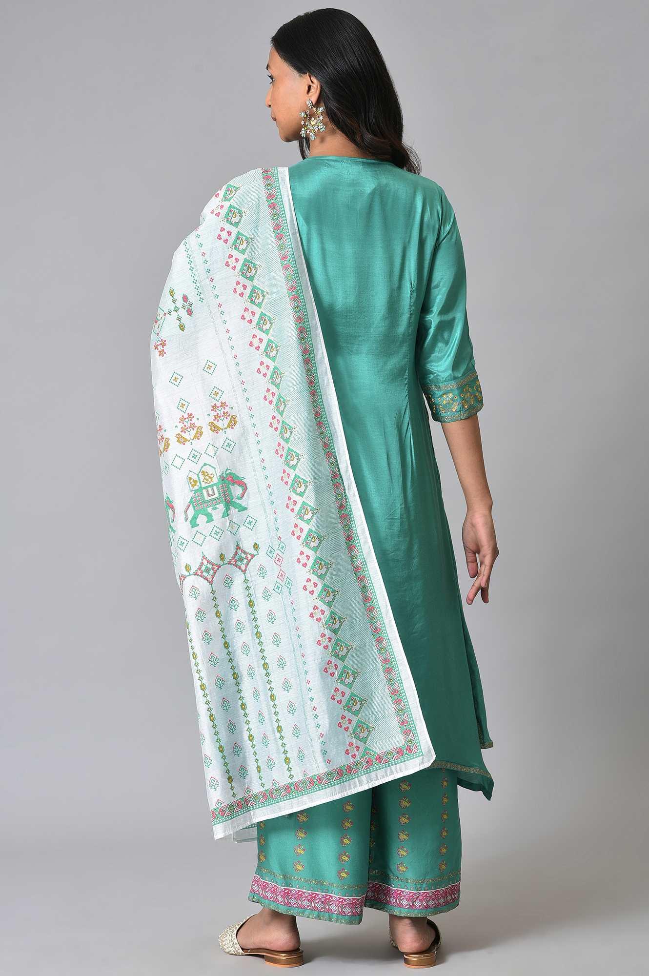 Green Embroidered kurta With Parallel Pants And Ecru Printed Dupatta - wforwoman