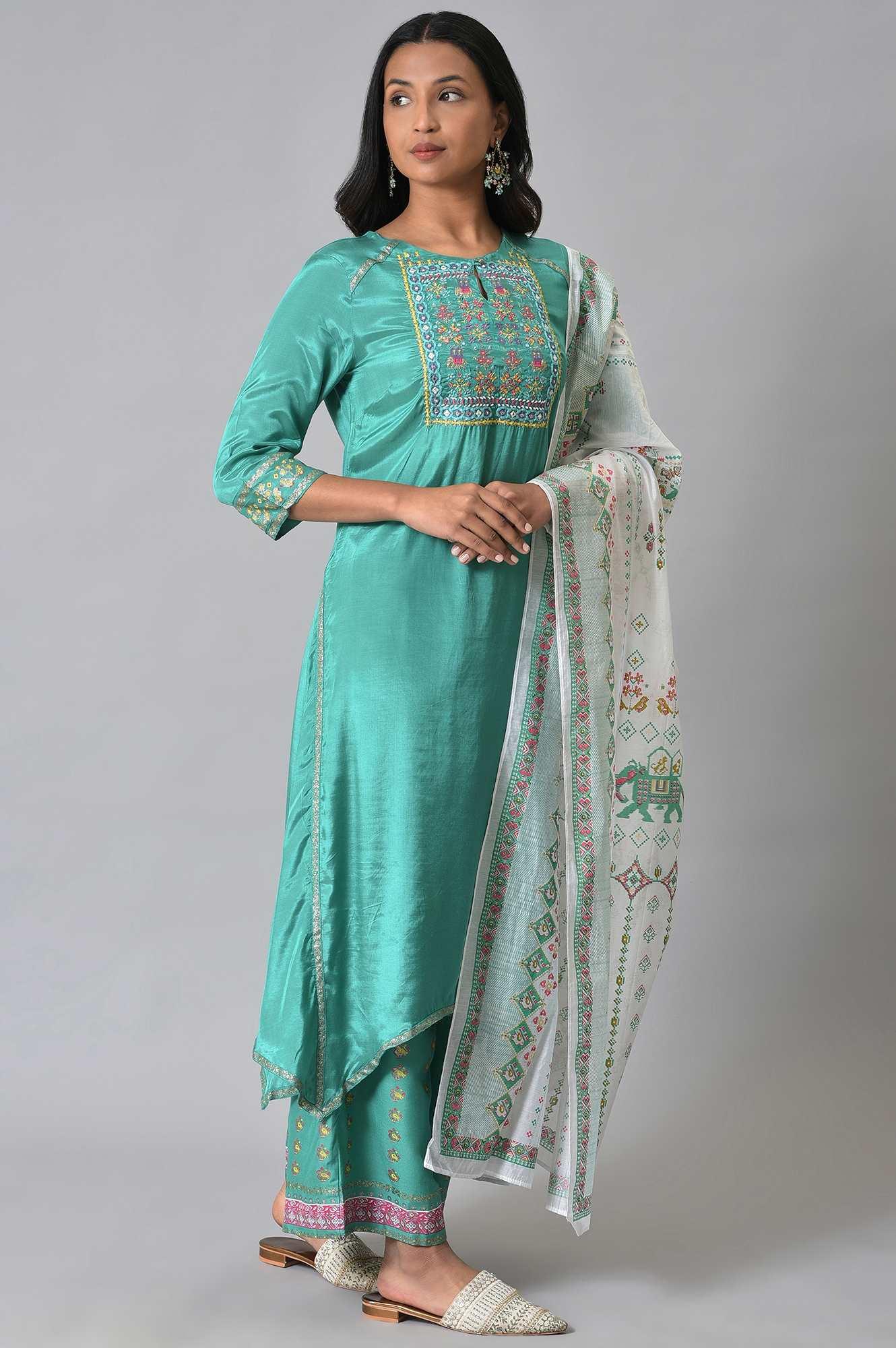 Green Embroidered kurta With Parallel Pants And Ecru Printed Dupatta - wforwoman