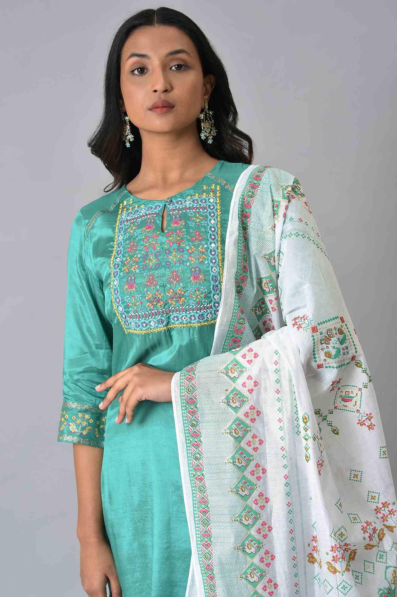 Green Embroidered kurta With Parallel Pants And Ecru Printed Dupatta - wforwoman