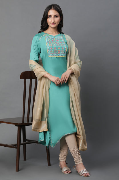 Marine Green Embroidered Asymmetrical Kurta, Churidar And Dupatta Set