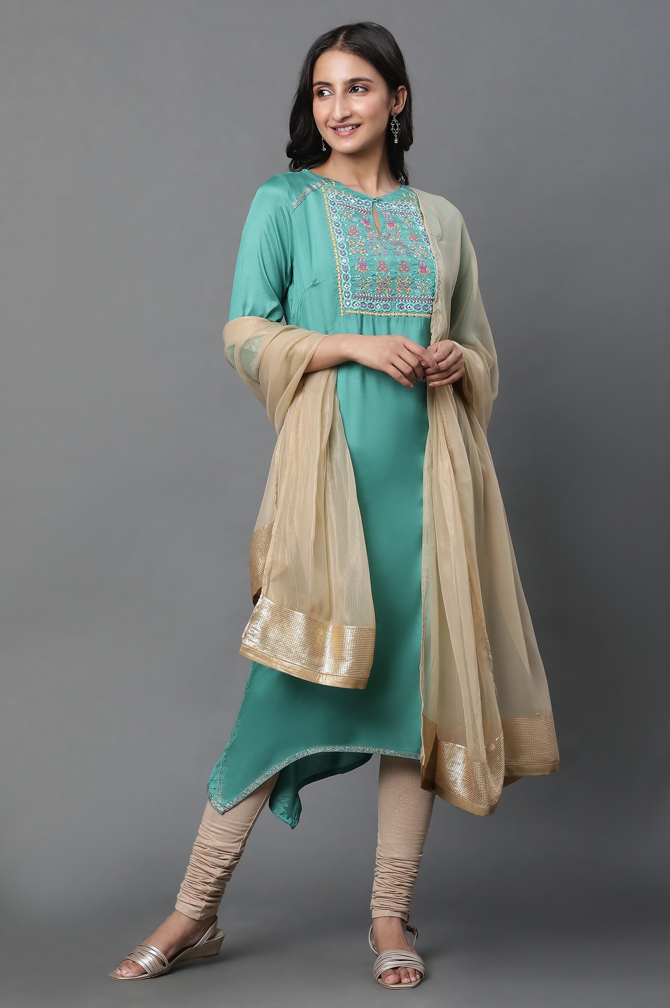 Marine Green Embroidered Asymmetrical Kurta, Churidar And Dupatta Set