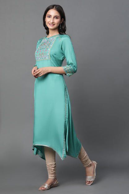 Marine Green Embroidered Asymmetrical Kurta, Churidar And Dupatta Set