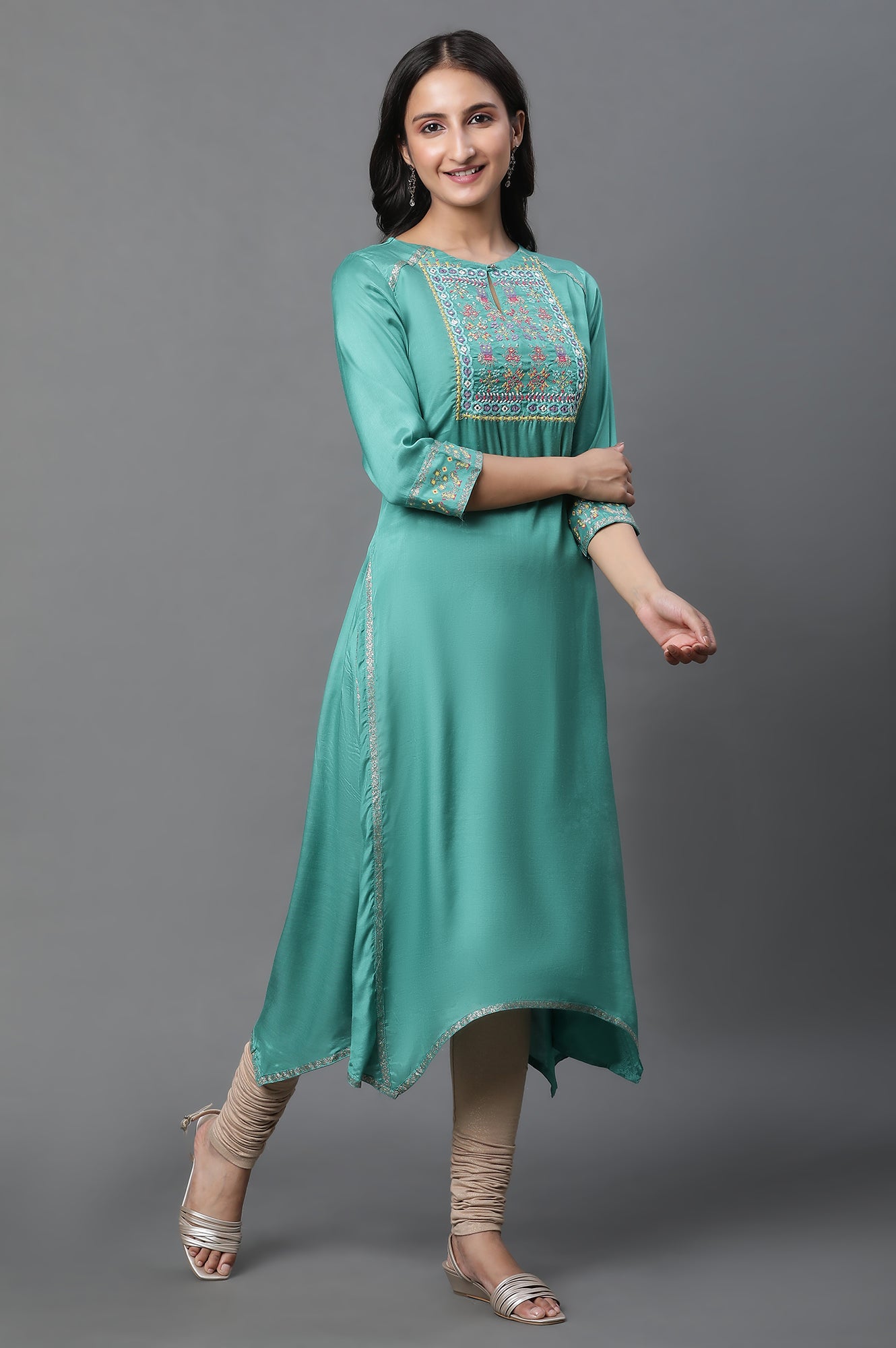 Marine Green Embroidered Asymmetrical Kurta, Churidar And Dupatta Set