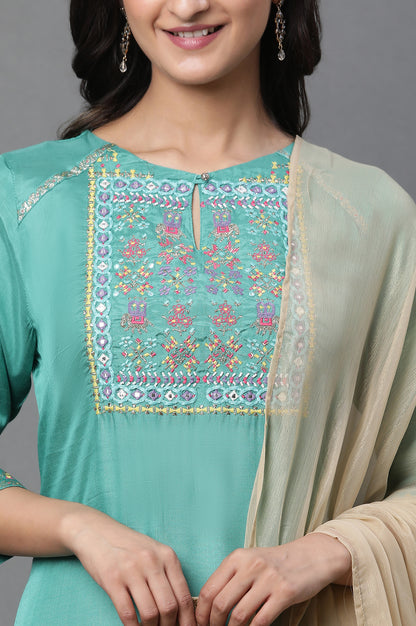 Marine Green Embroidered Asymmetrical Kurta, Churidar And Dupatta Set