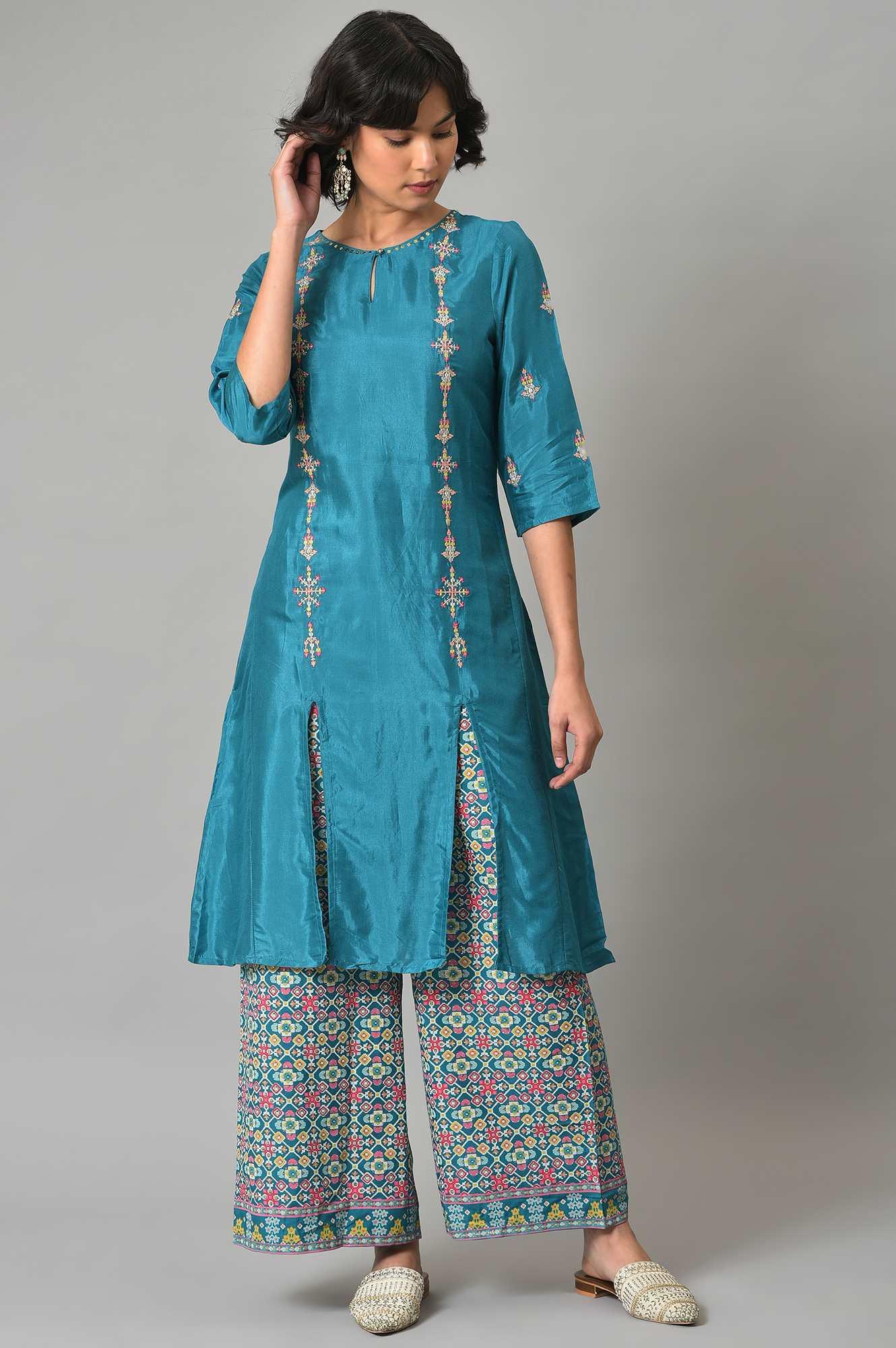 Dark Blue Embroidered Shantung kurta With Printed Parallel Pants - wforwoman