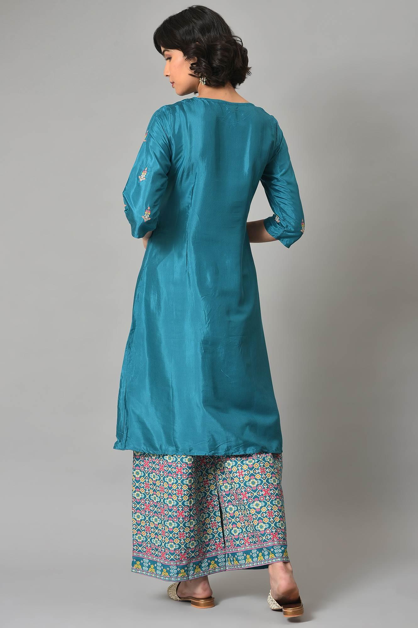 Dark Blue Embroidered Shantung kurta With Printed Parallel Pants - wforwoman