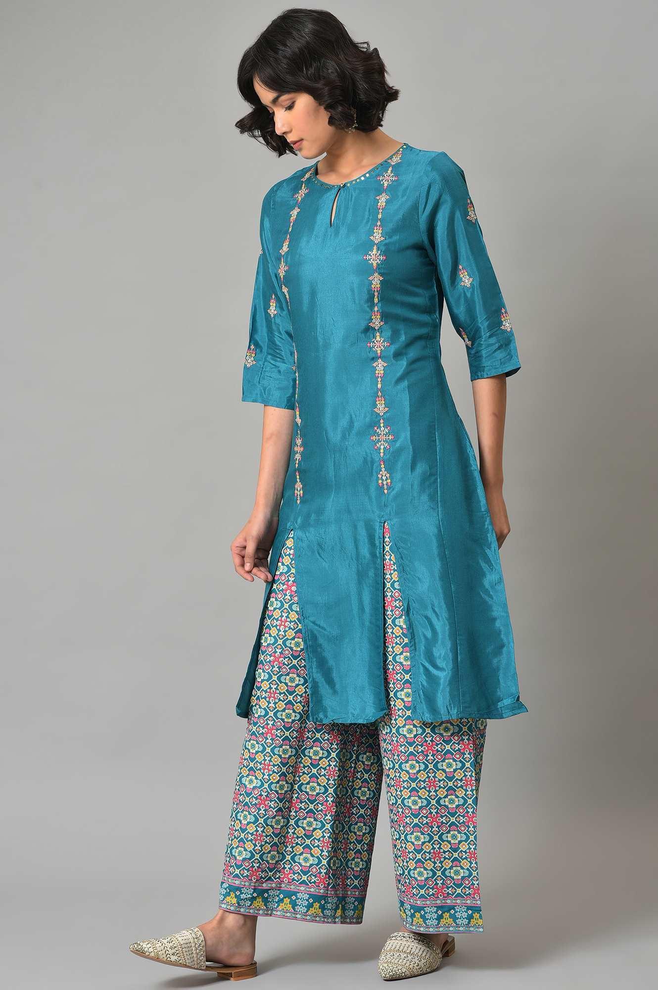Dark Blue Embroidered Shantung kurta With Printed Parallel Pants - wforwoman