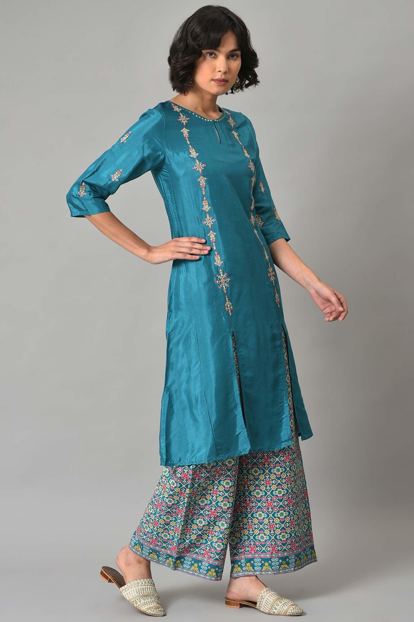 Dark Blue Embroidered Shantung kurta With Printed Parallel Pants - wforwoman