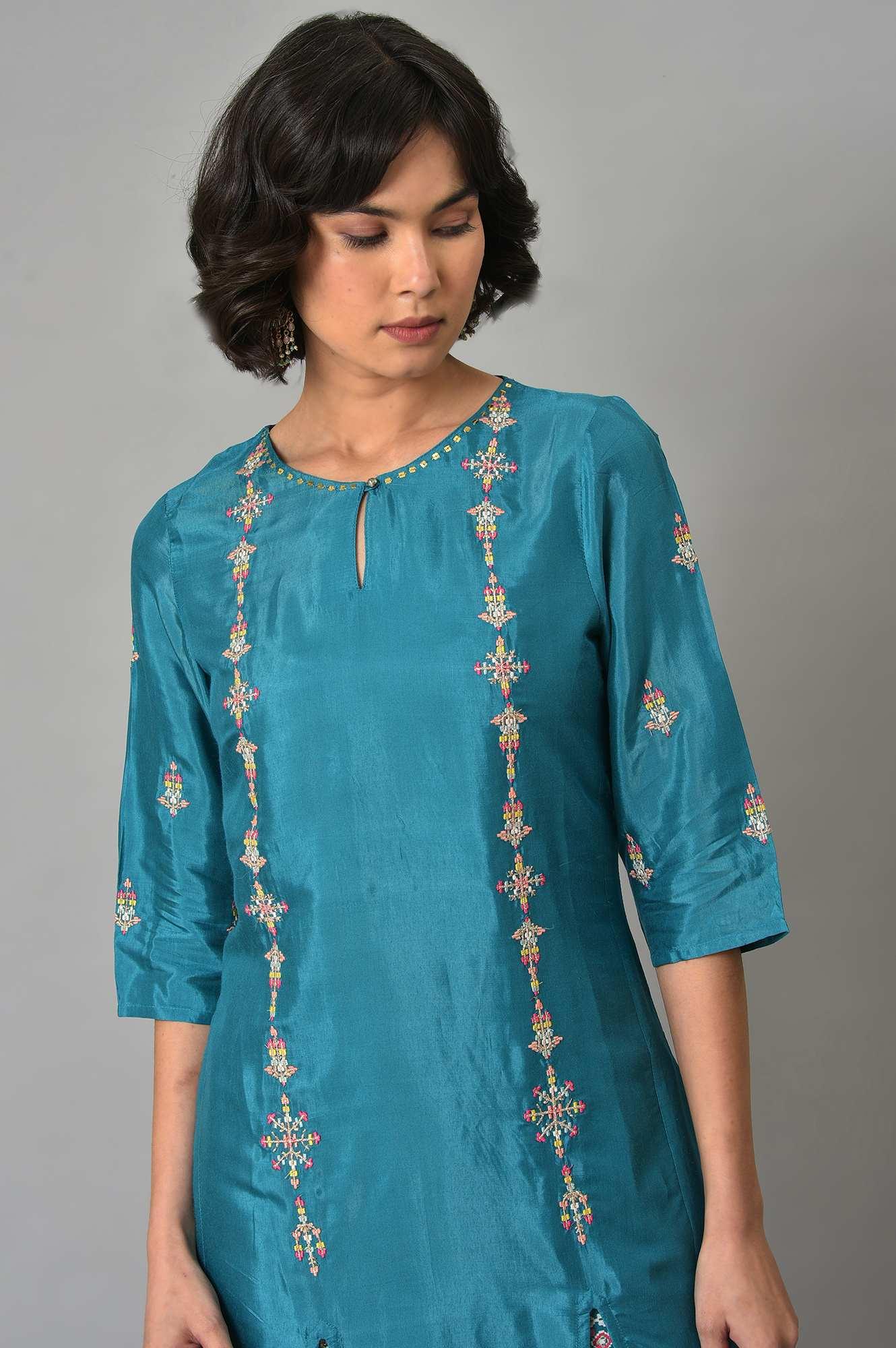 Dark Blue Embroidered Shantung kurta With Printed Parallel Pants - wforwoman