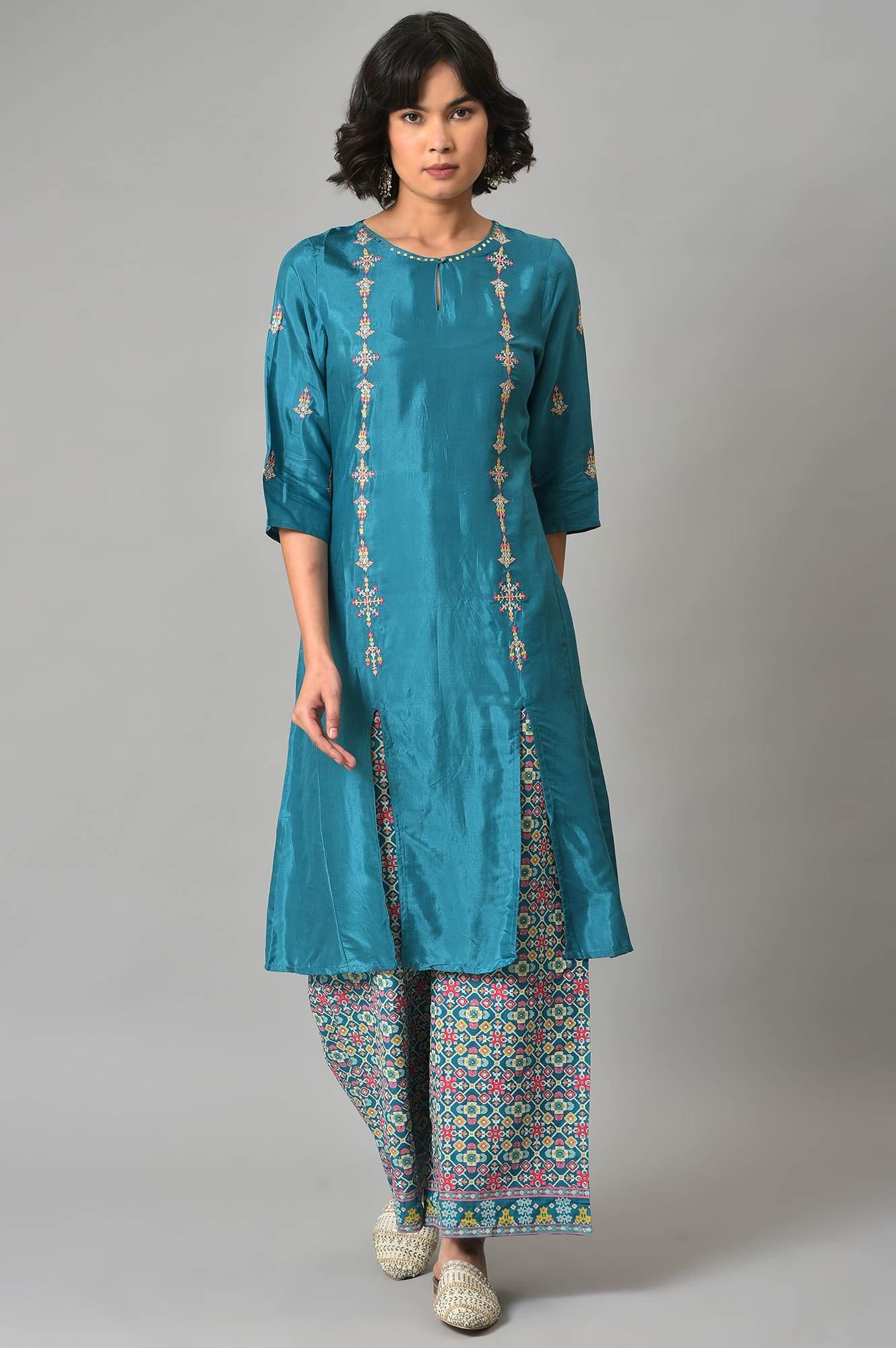 Dark Blue Embroidered Shantung kurta With Printed Parallel Pants - wforwoman