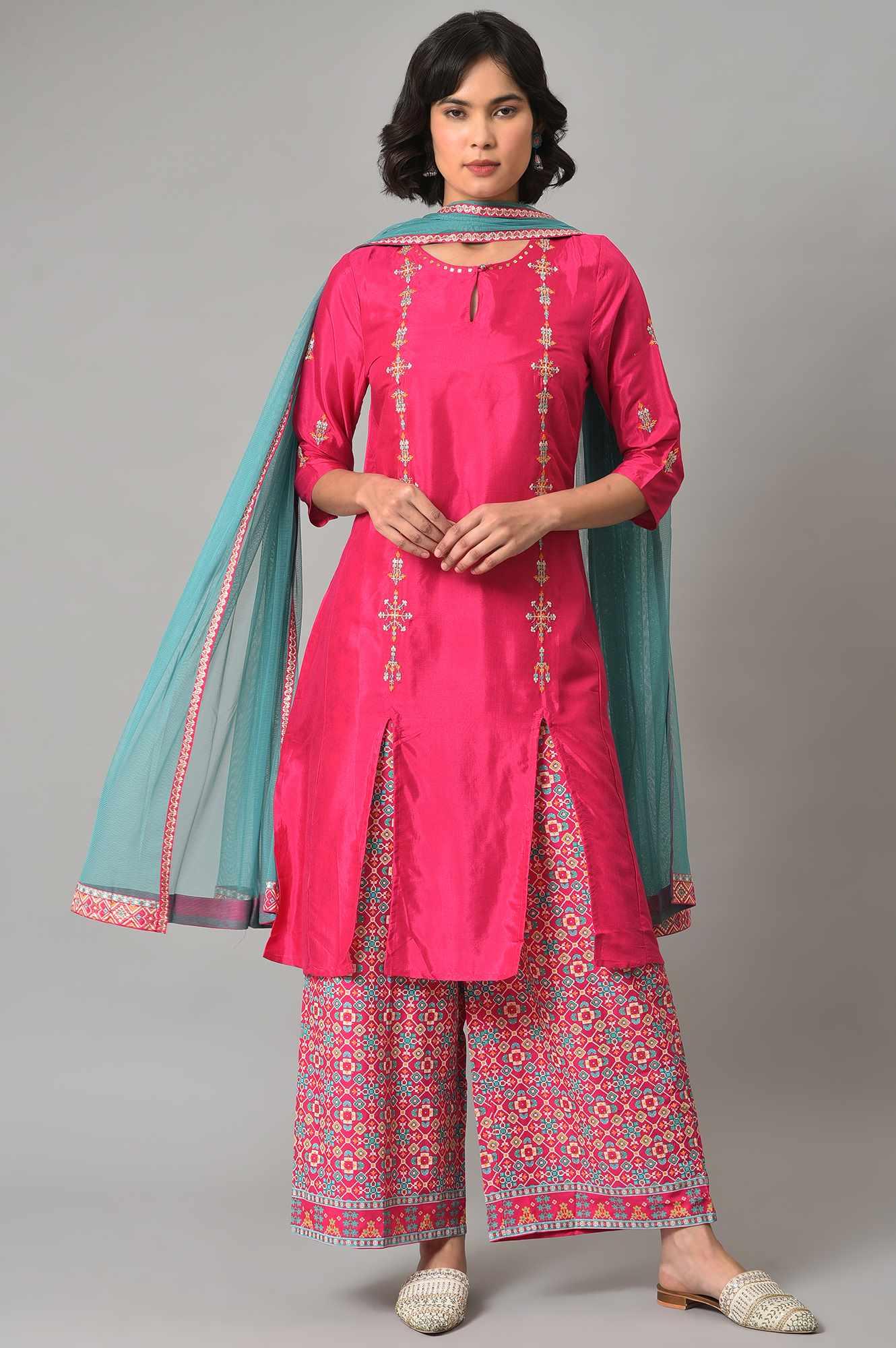 Pink Embroidered kurta With Printed Parallel Pants And Light Blue Mesh Dupatta - wforwoman