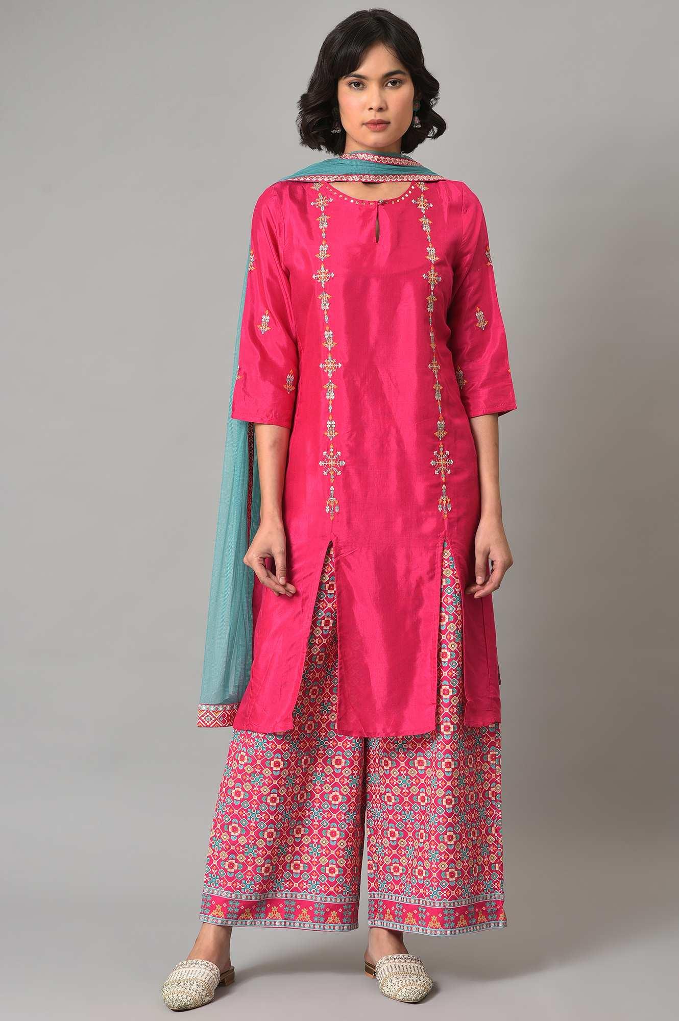 Pink Embroidered kurta With Printed Parallel Pants And Light Blue Mesh Dupatta - wforwoman