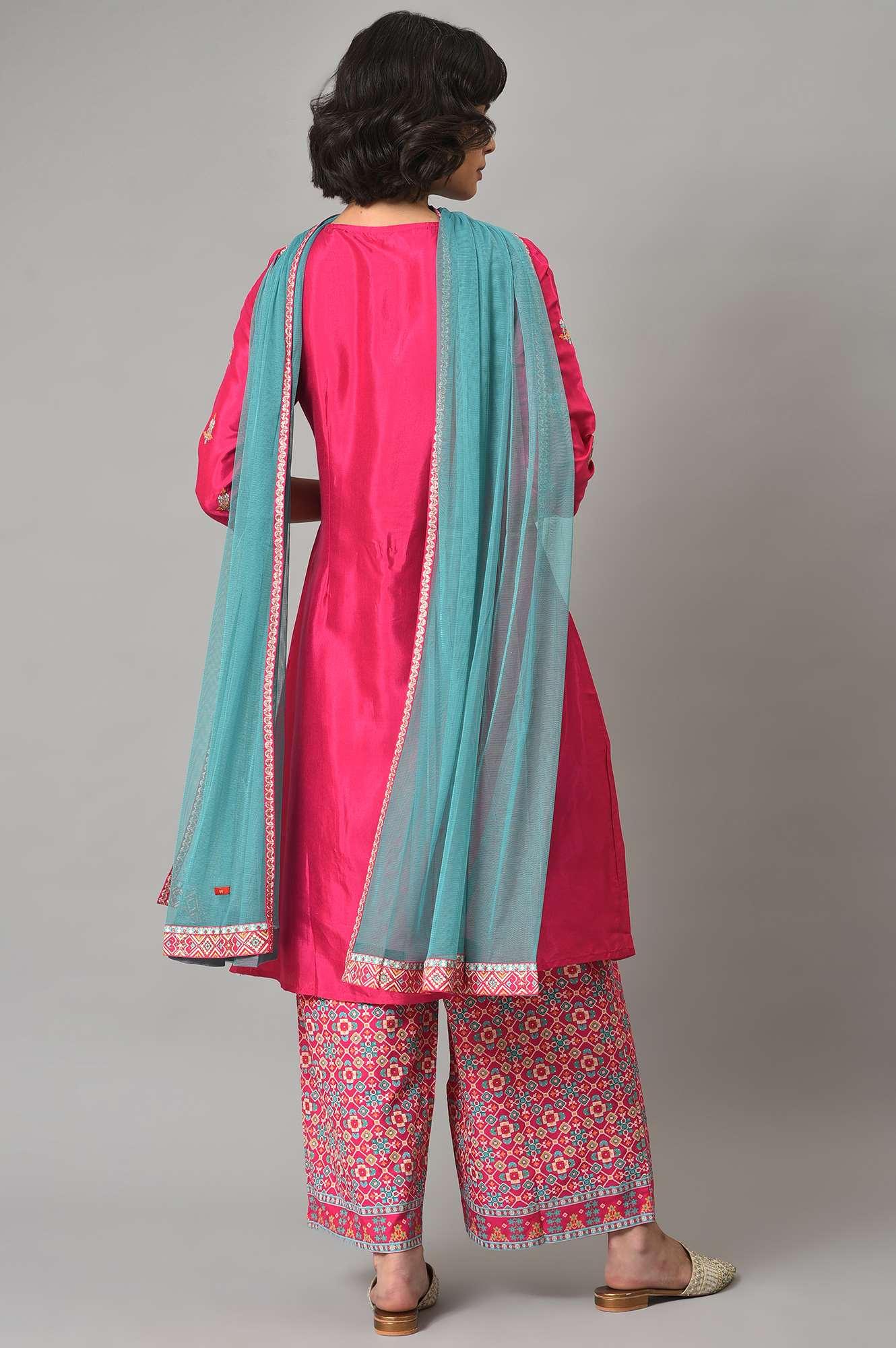 Pink Embroidered kurta With Printed Parallel Pants And Light Blue Mesh Dupatta - wforwoman