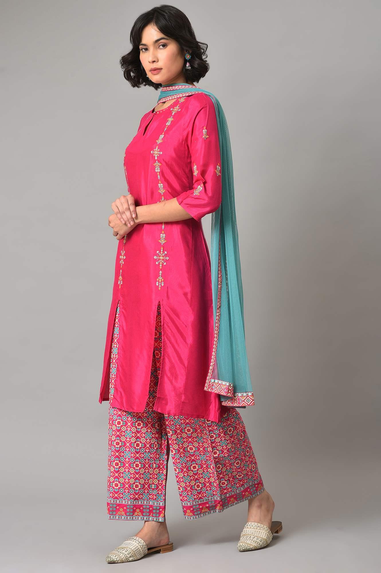 Pink Embroidered kurta With Printed Parallel Pants And Light Blue Mesh Dupatta - wforwoman