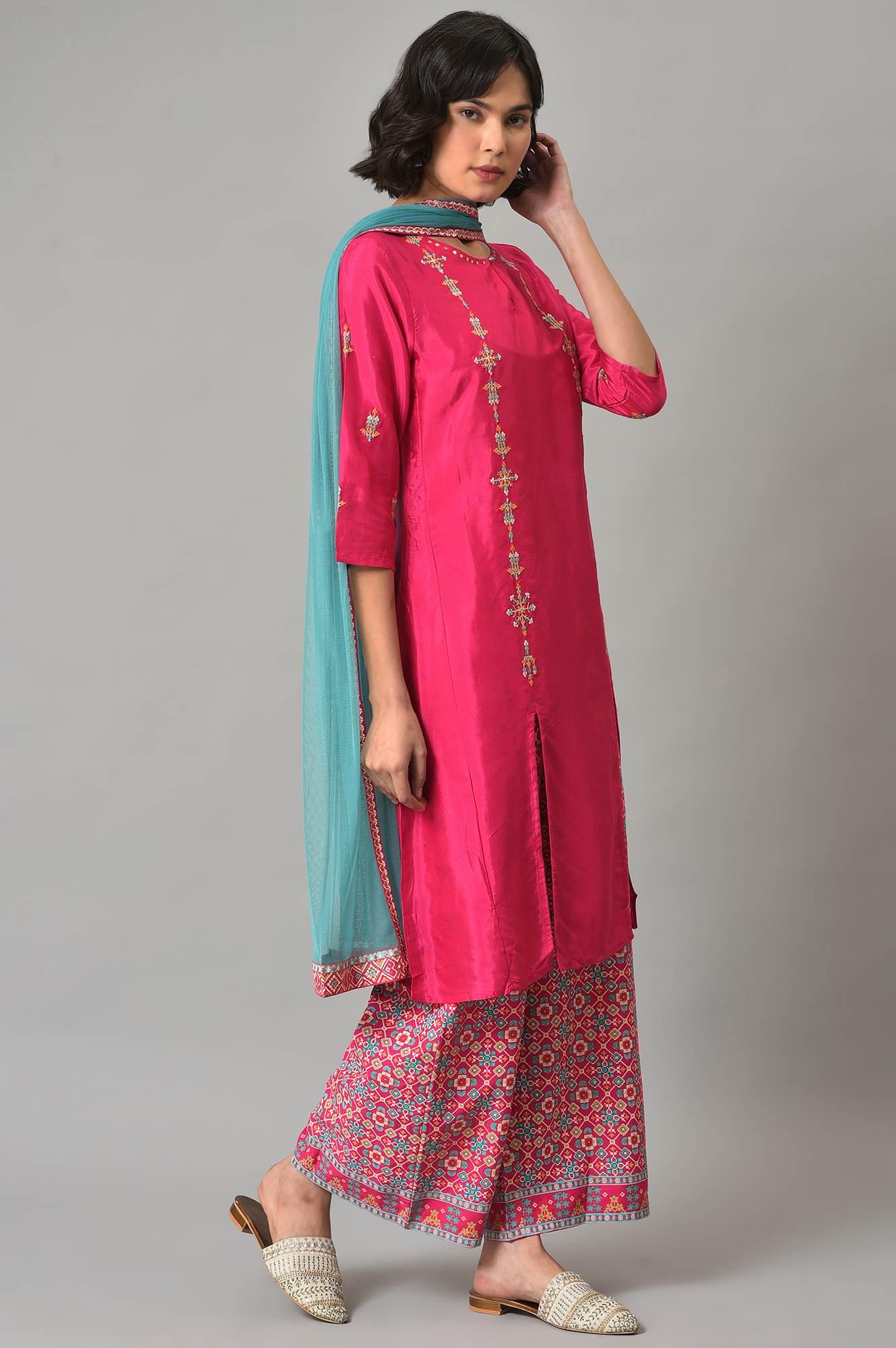 Pink Embroidered kurta With Printed Parallel Pants And Light Blue Mesh Dupatta - wforwoman