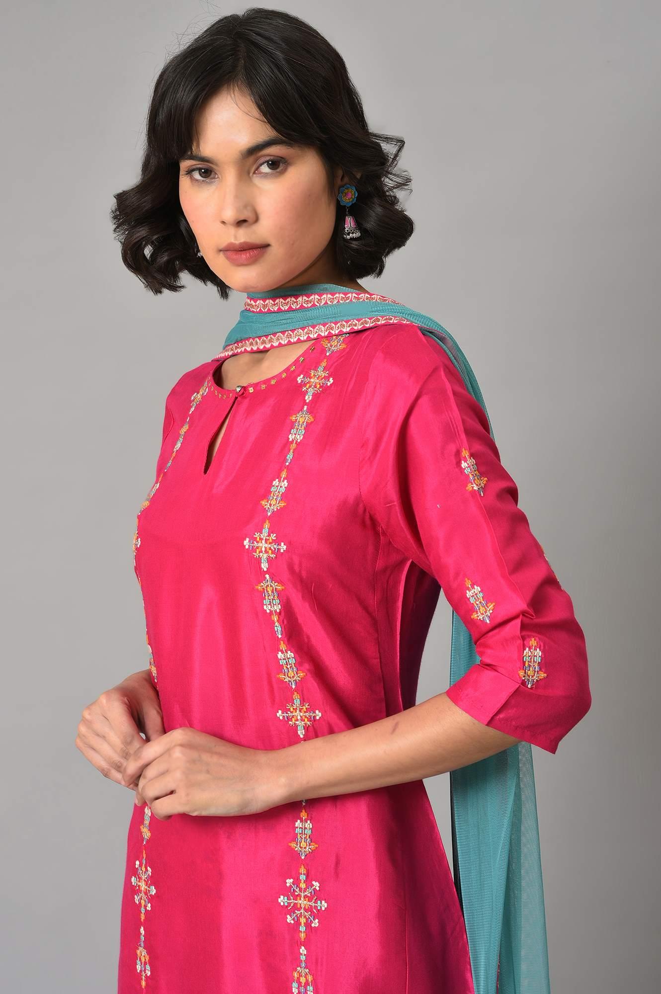 Pink Embroidered kurta With Printed Parallel Pants And Light Blue Mesh Dupatta - wforwoman