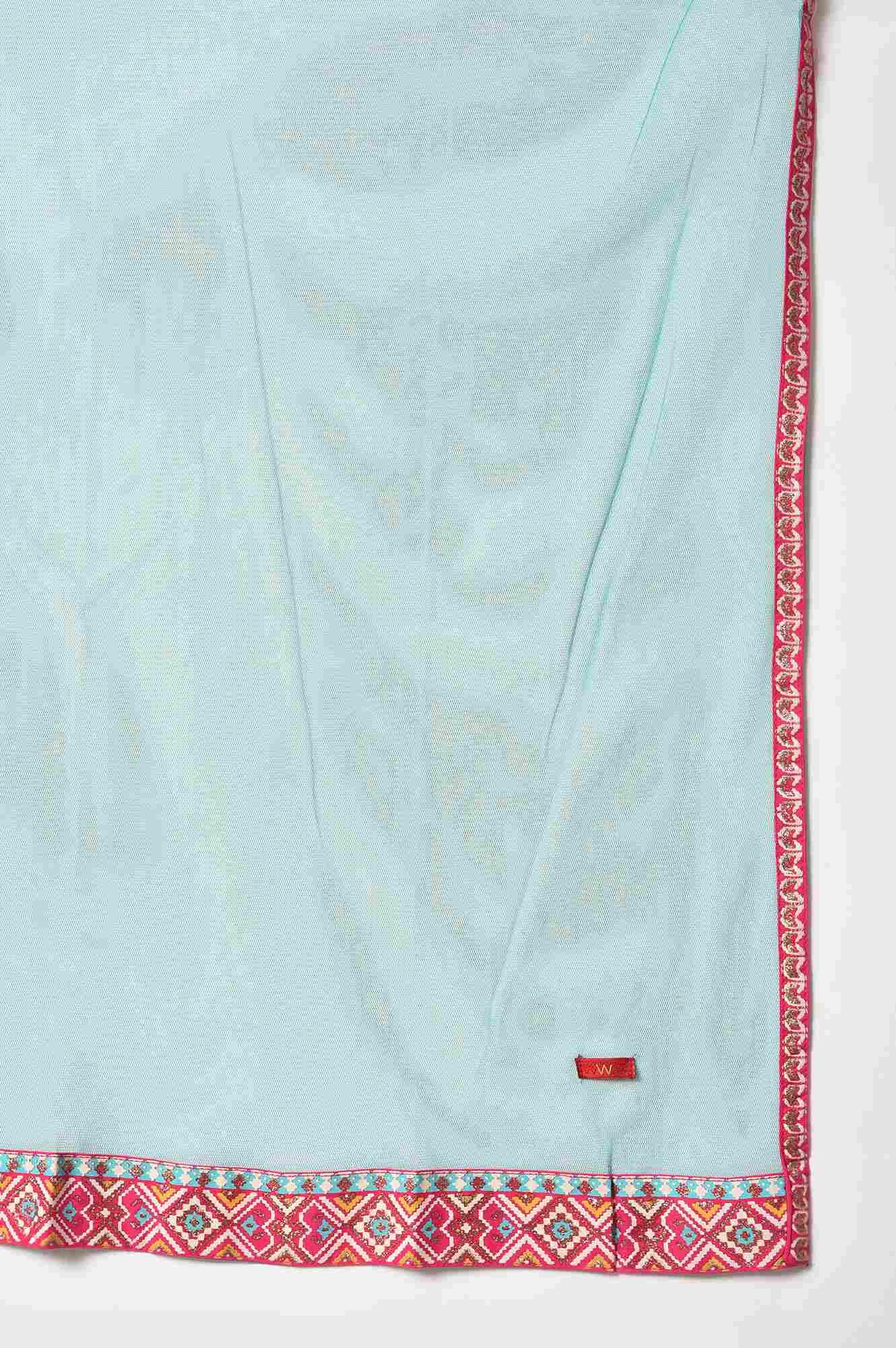 Pink Embroidered kurta With Printed Parallel Pants And Light Blue Mesh Dupatta - wforwoman