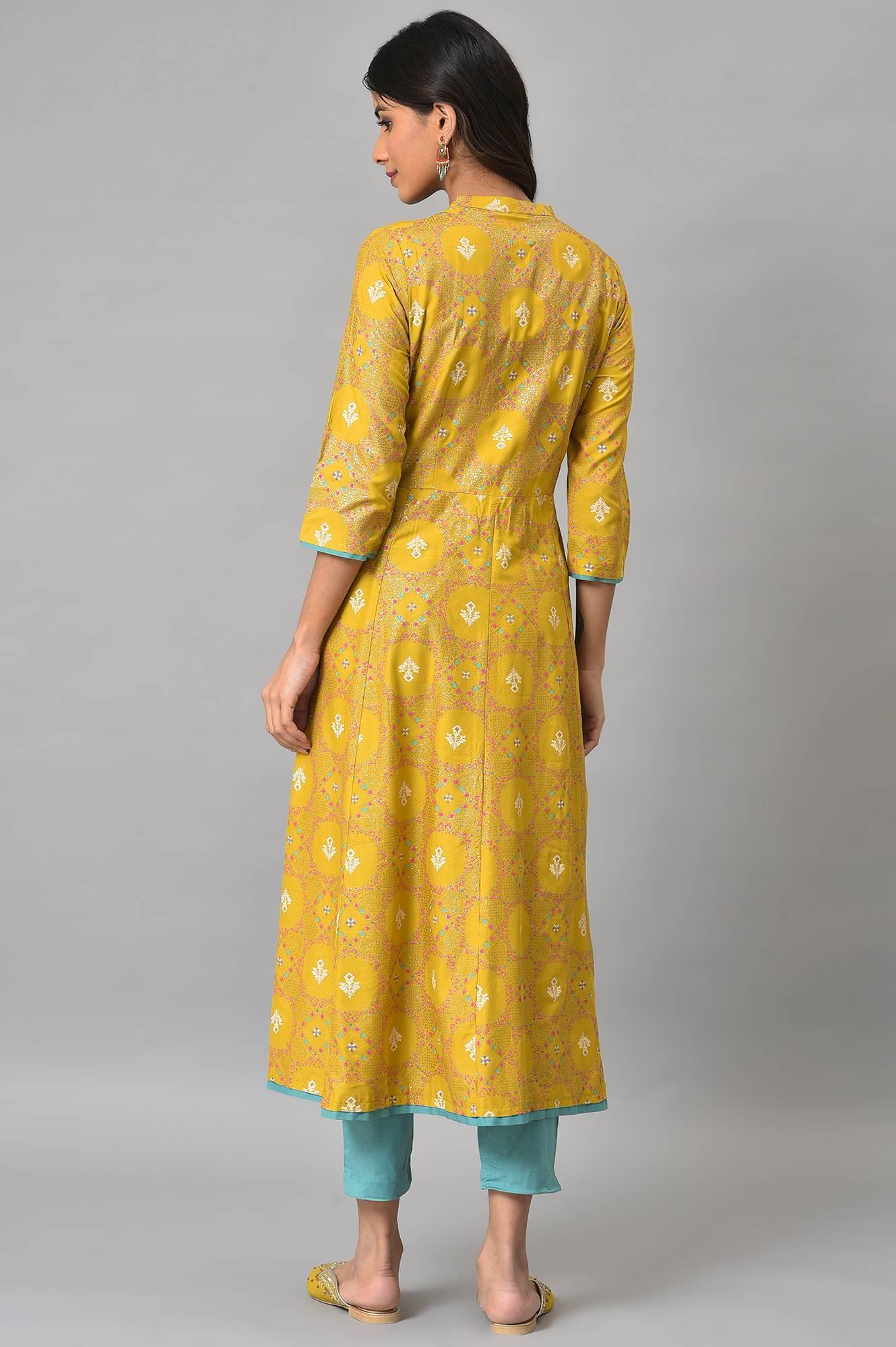 Yellow Glitter Printed kurta With Blue Slim Pants - wforwoman