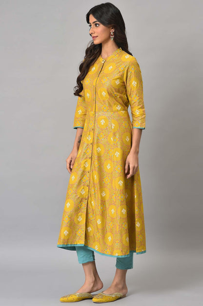Yellow Glitter Printed kurta With Blue Slim Pants - wforwoman