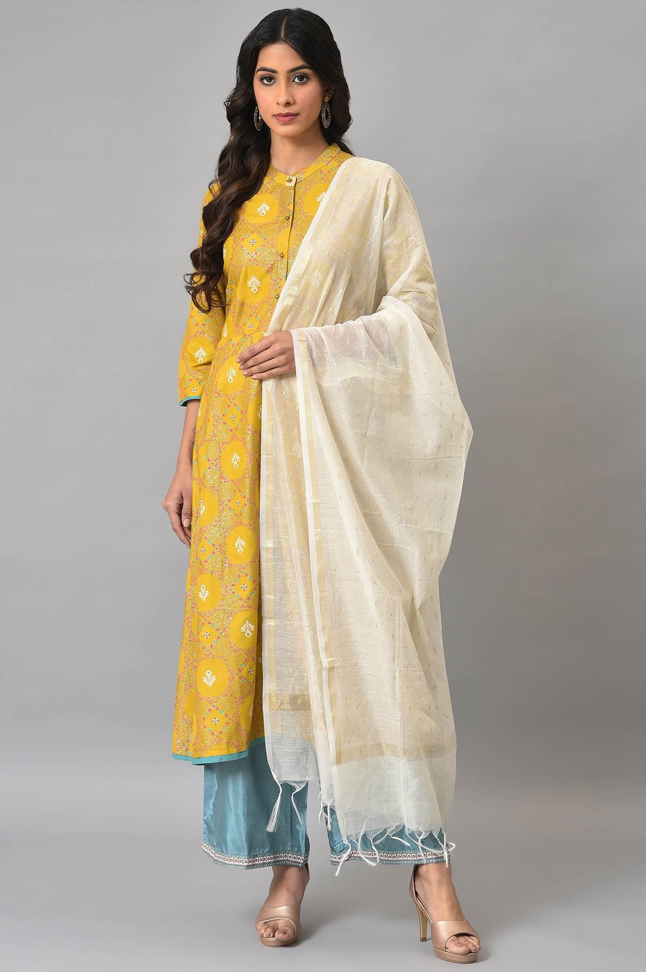 Yellow Button Down A-Line kurta With Blue Parallel Pants And Chanderi Dupatta - wforwoman