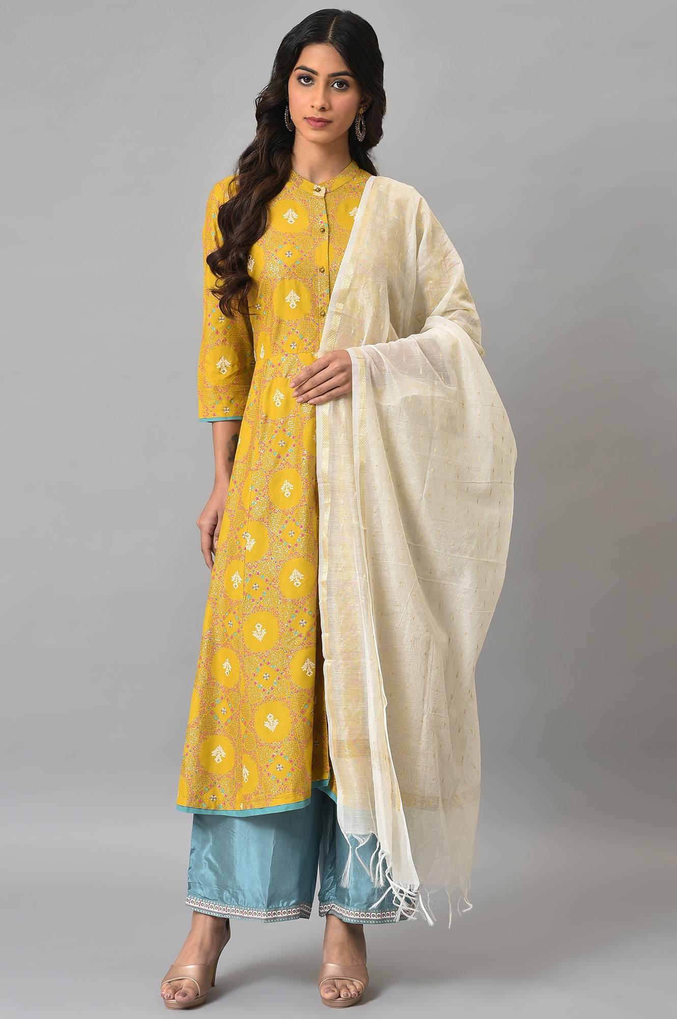 Yellow Button Down A-Line kurta With Blue Parallel Pants And Chanderi Dupatta - wforwoman