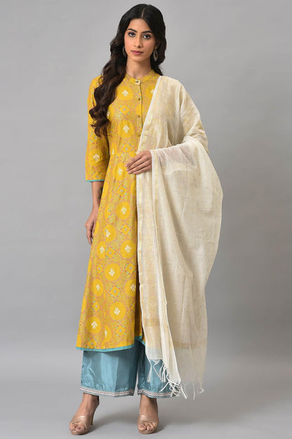 Yellow Button Down A-Line kurta With Blue Parallel Pants And Chanderi Dupatta - wforwoman