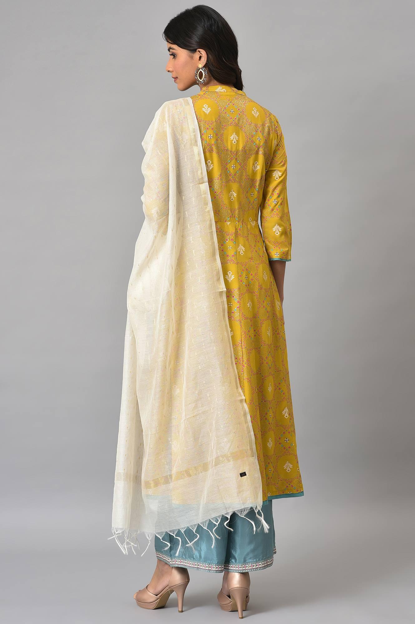 Yellow Button Down A-Line kurta With Blue Parallel Pants And Chanderi Dupatta - wforwoman