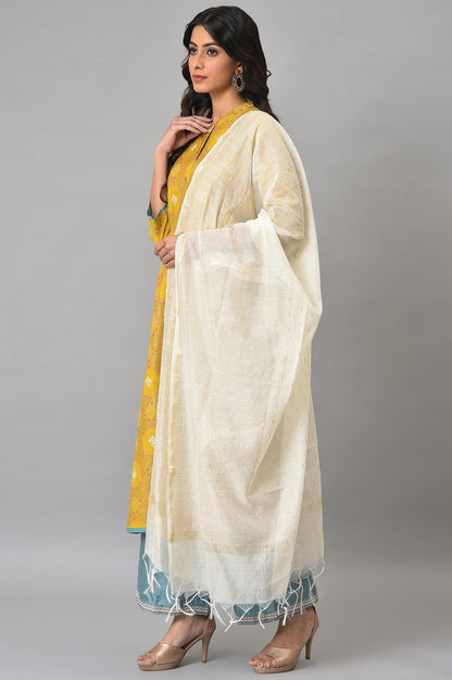 Yellow Button Down A-Line kurta With Blue Parallel Pants And Chanderi Dupatta - wforwoman