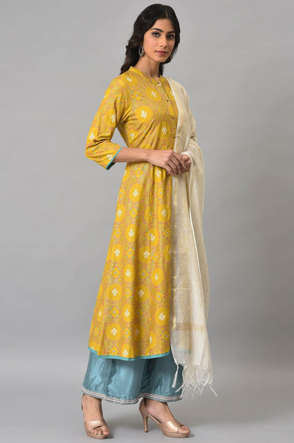 Yellow Button Down A-Line kurta With Blue Parallel Pants And Chanderi Dupatta - wforwoman