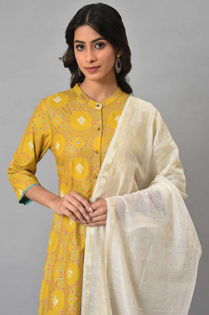 Yellow Button Down A-Line kurta With Blue Parallel Pants And Chanderi Dupatta - wforwoman