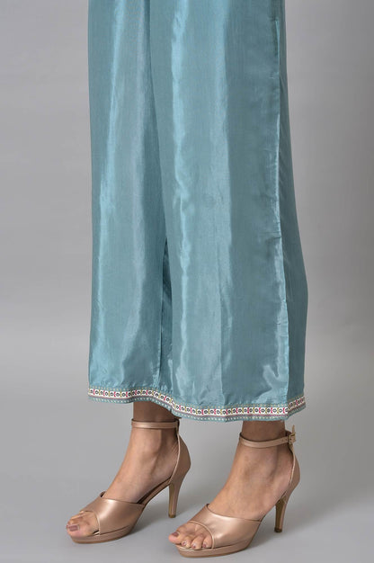 Yellow Button Down A-Line kurta With Blue Parallel Pants And Chanderi Dupatta - wforwoman