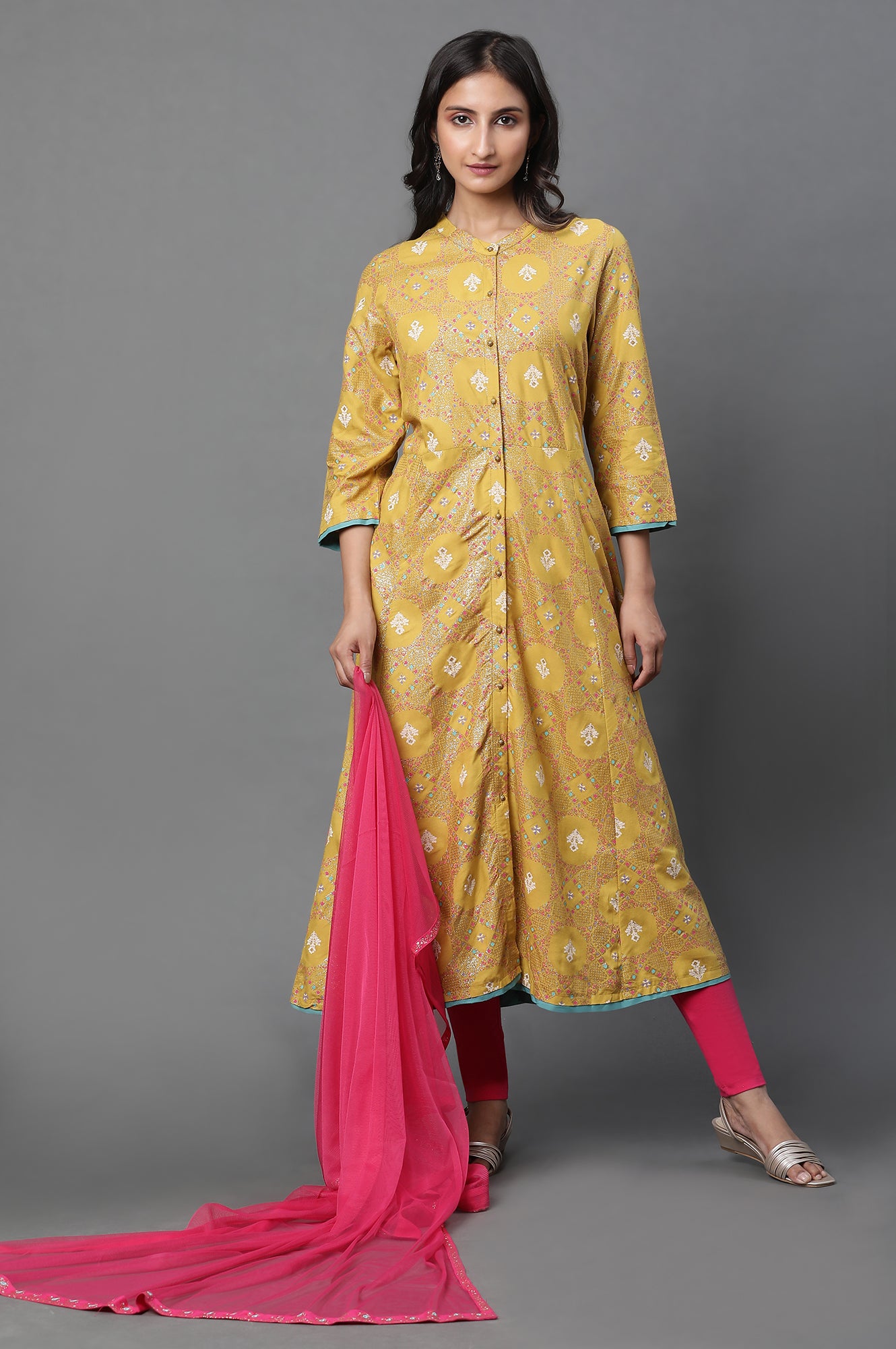 Yellow Glitter Printed A-Line Kurta, Tights And Dupatta Set