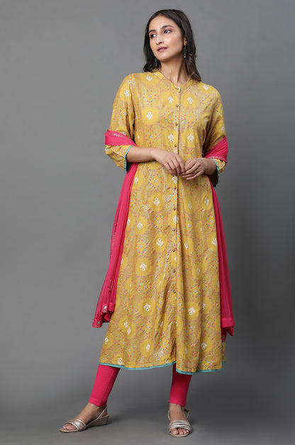 Yellow Glitter Printed A-Line Kurta, Tights And Dupatta Set