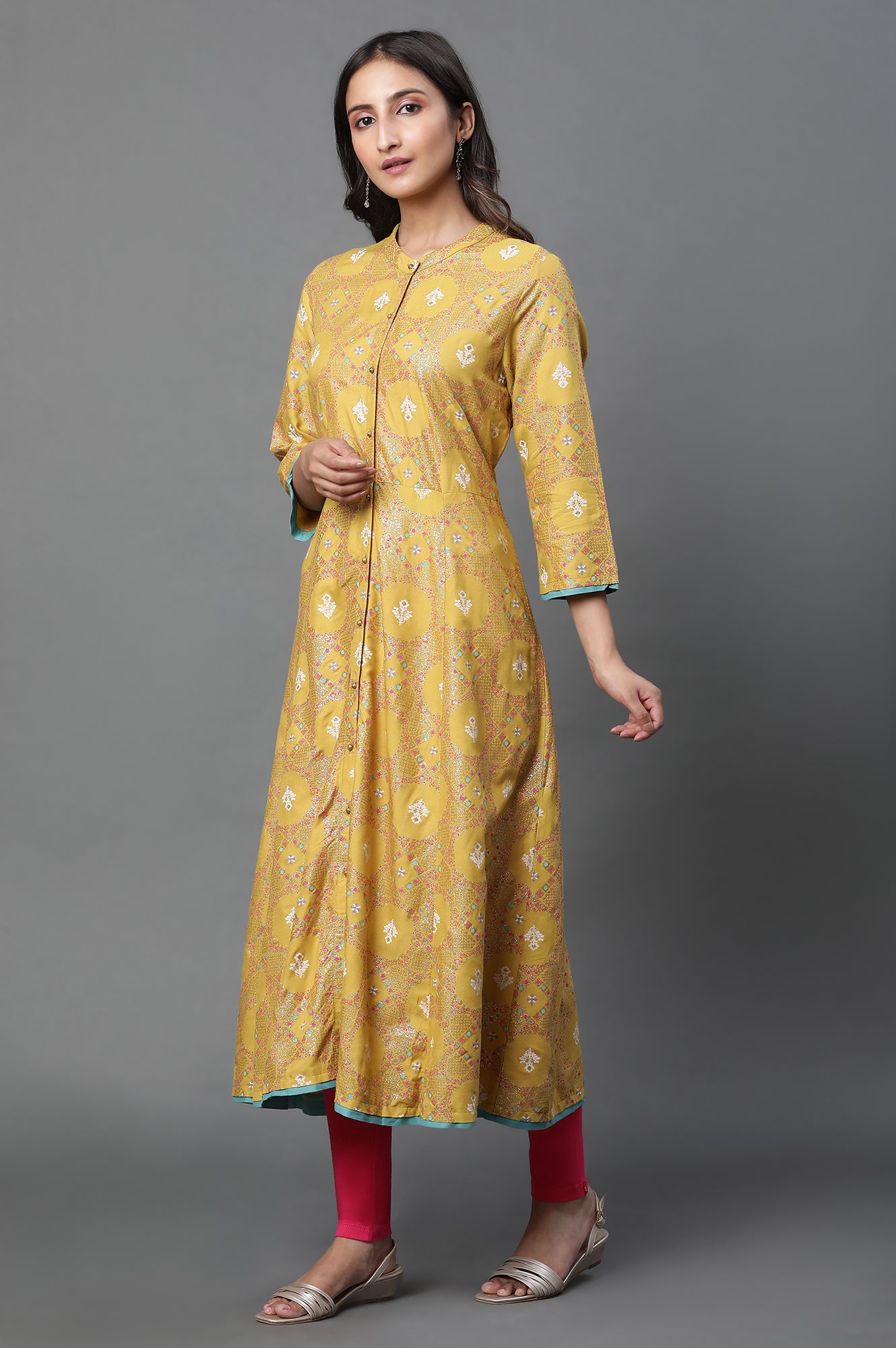 Yellow Glitter Printed A-Line Kurta, Tights And Dupatta Set