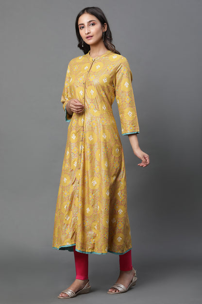 Yellow Glitter Printed A-Line Kurta, Tights And Dupatta Set