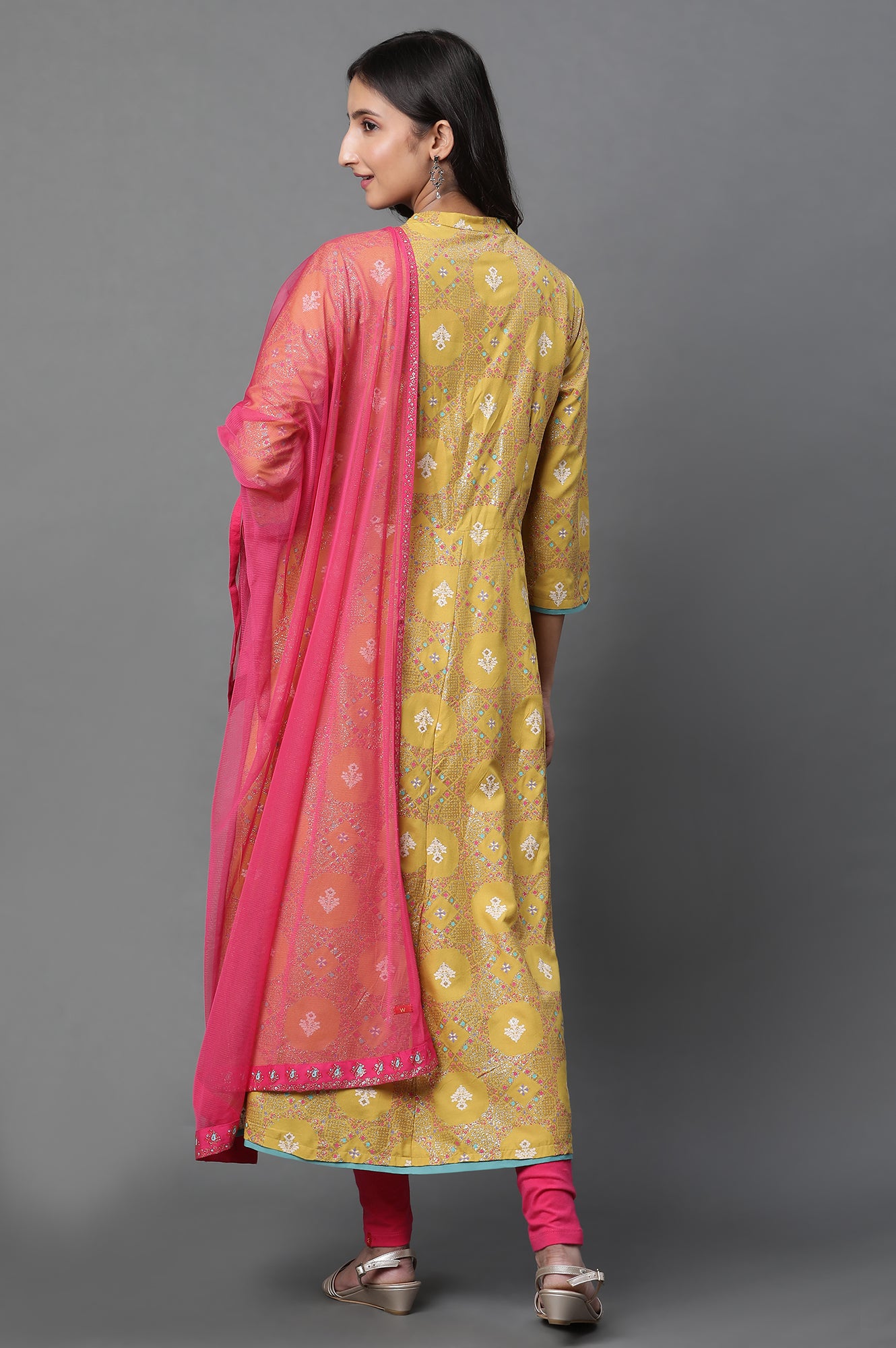 Yellow Glitter Printed A-Line Kurta, Tights And Dupatta Set