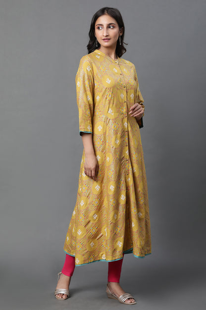 Yellow Glitter Printed A-Line Kurta, Tights And Dupatta Set