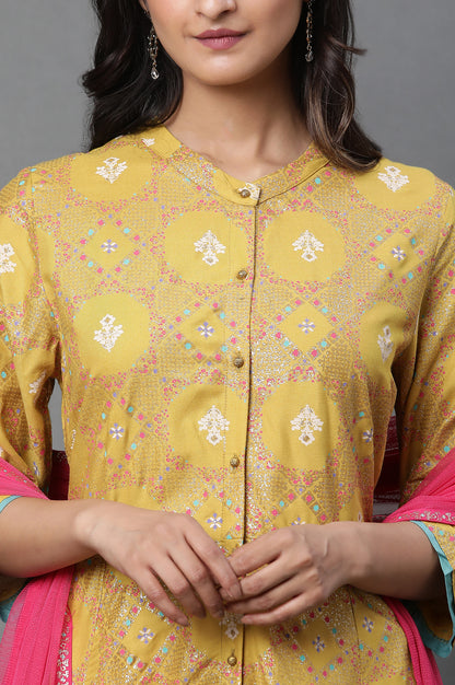 Yellow Glitter Printed A-Line Kurta, Tights And Dupatta Set