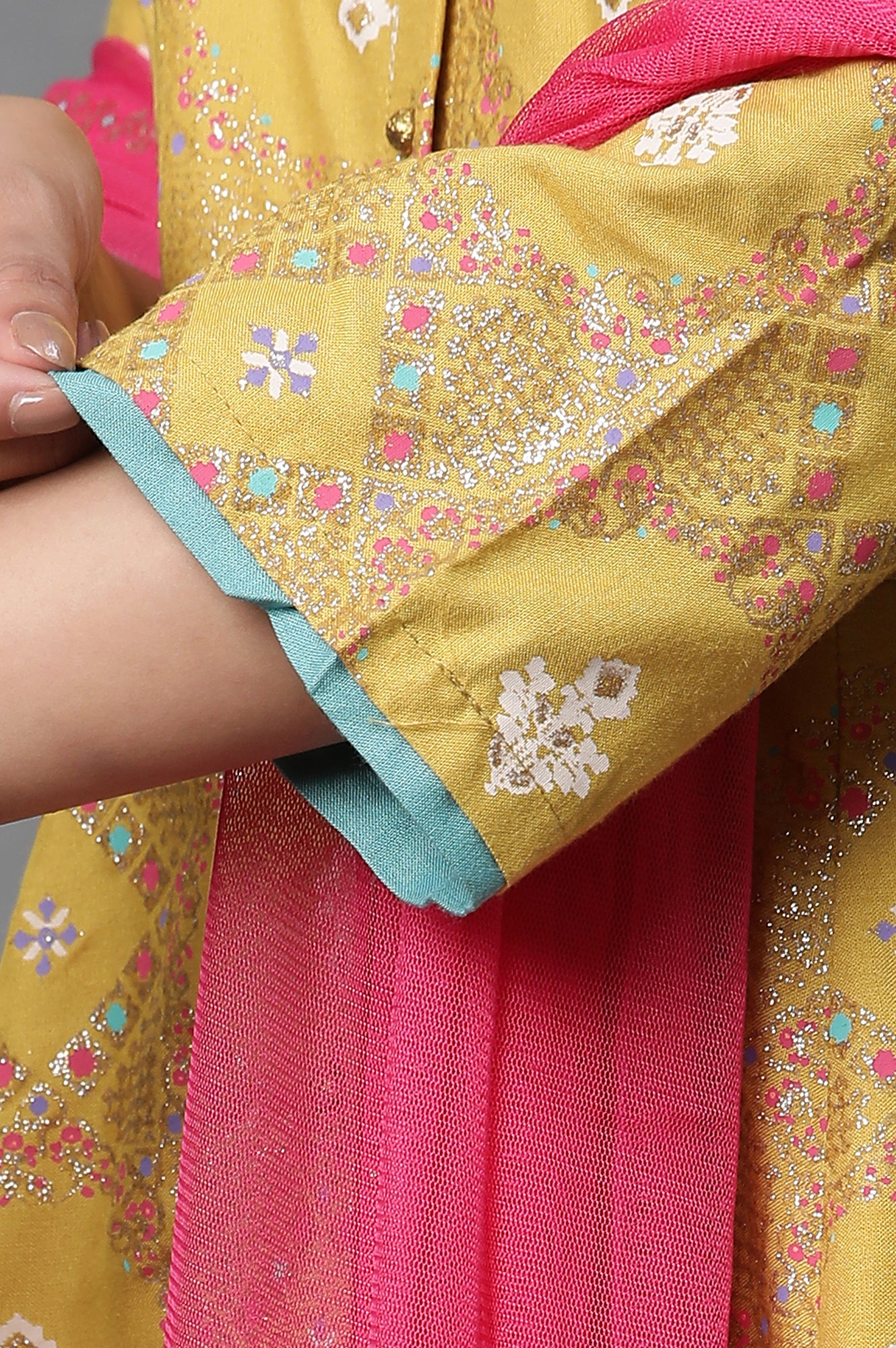 Yellow Glitter Printed A-Line Kurta, Tights And Dupatta Set