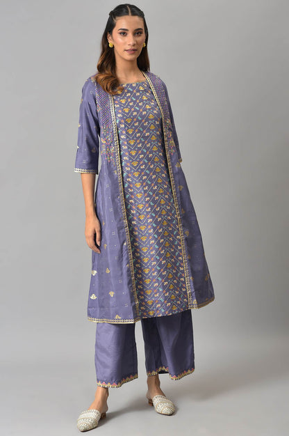 Purple Embroidered Mock Layered kurta With Paralel Pants