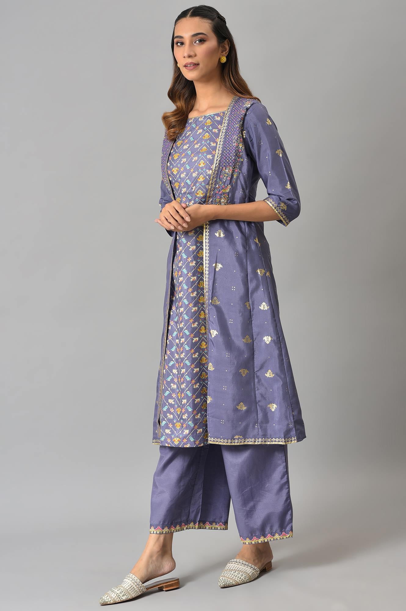 Purple Embroidered Mock Layered kurta With Paralel Pants