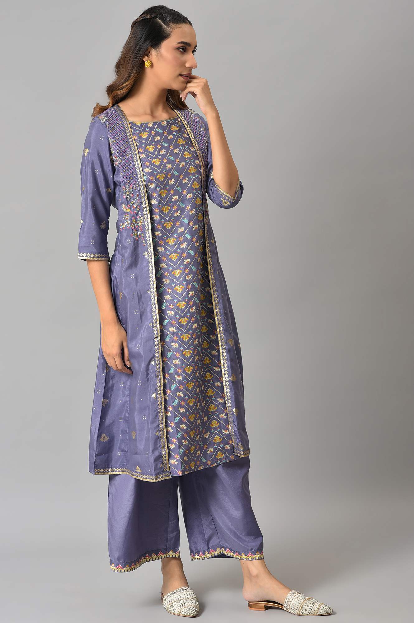 Purple Embroidered Mock Layered kurta With Paralel Pants