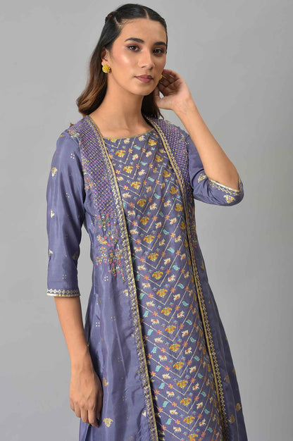 Purple Embroidered Mock Layered kurta With Paralel Pants