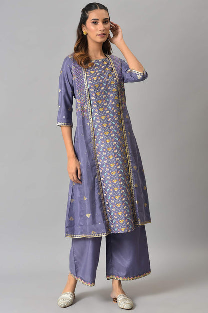 Purple Embroidered Mock Layered kurta With Paralel Pants